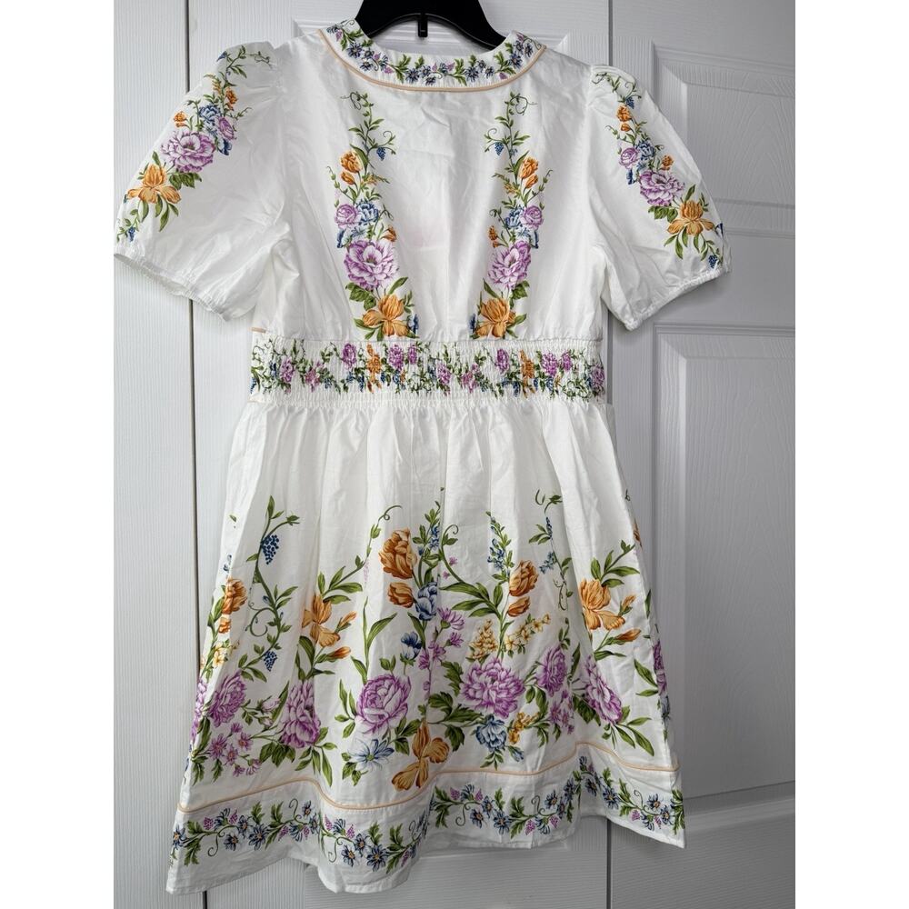 Calypso White Floral V-Neck Puff Sleeve Bordered Mini Dress Size M - Picture 4 of 13